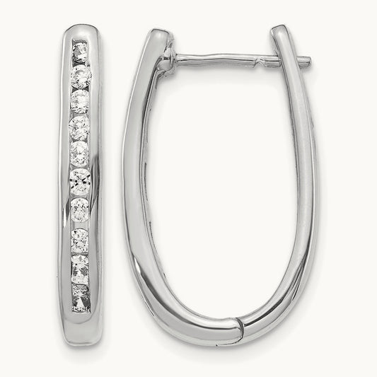 Diamond Oval Hinged Hoop Earrings — 14K White Gold