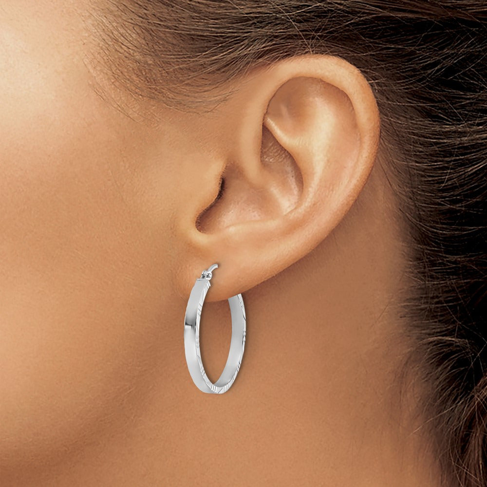 Diamond-cut Edge Medium Polished Hoop Earrings — 14K White Gold