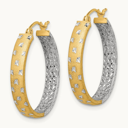 w/White Rhodium Polished Satin Diamond-cut In/Out Hoop Earrings, 14K
