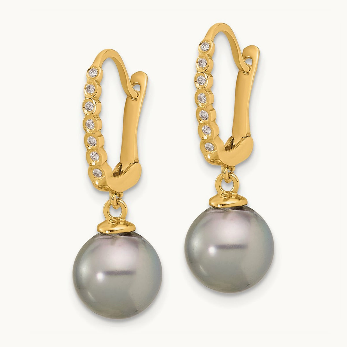 8- Round Black Tahitian Pearl and .07ct Diamond Dangle Earrings, 9mm, 14K