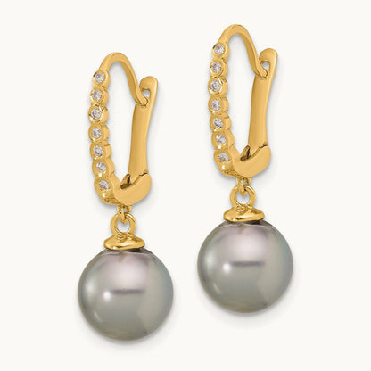 8- Round Black Tahitian Pearl and .07ct Diamond Dangle Earrings, 9mm, 14K