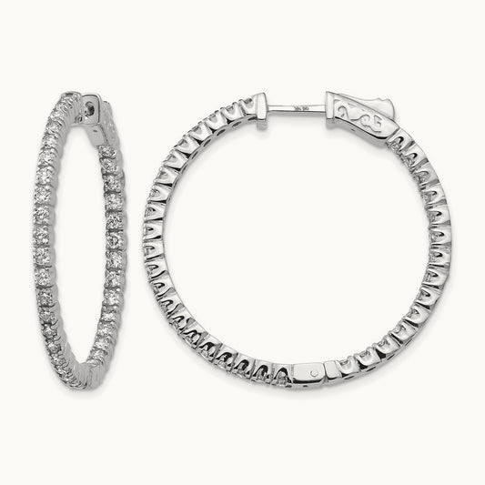 Diamond Round Hoop w/Safety Clasp Earrings, 14K White Gold