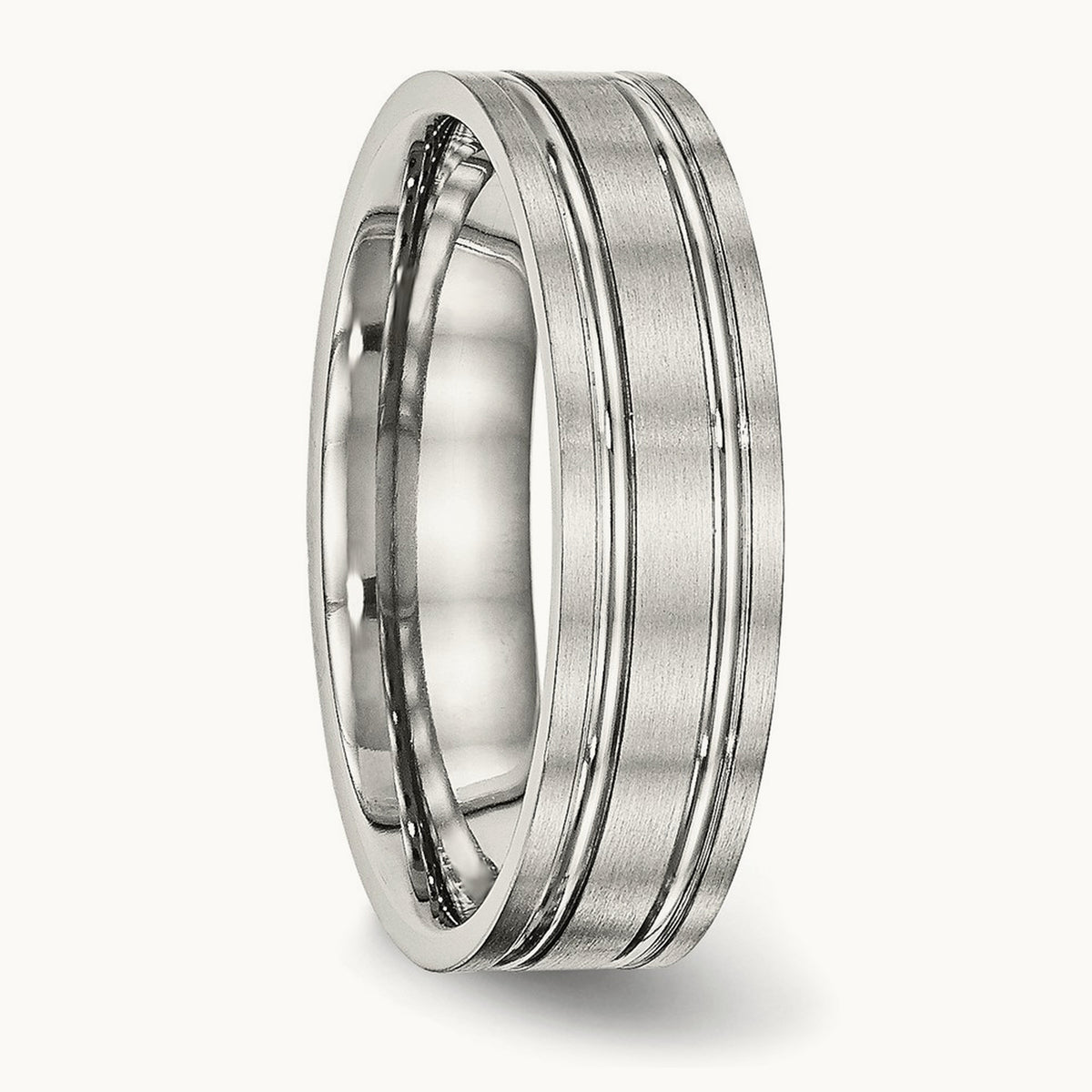 Brushed and Polished Ridged Flat Band, 6mm, Stainless Steel