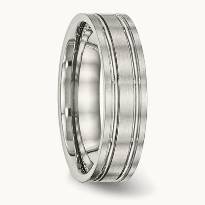 Brushed and Polished Ridged Flat Band, 6mm, Stainless Steel