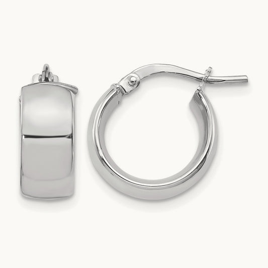 w/ White Rhodium Plating High Polished Huggie Earrings, 6mm, 14K — Leslie's