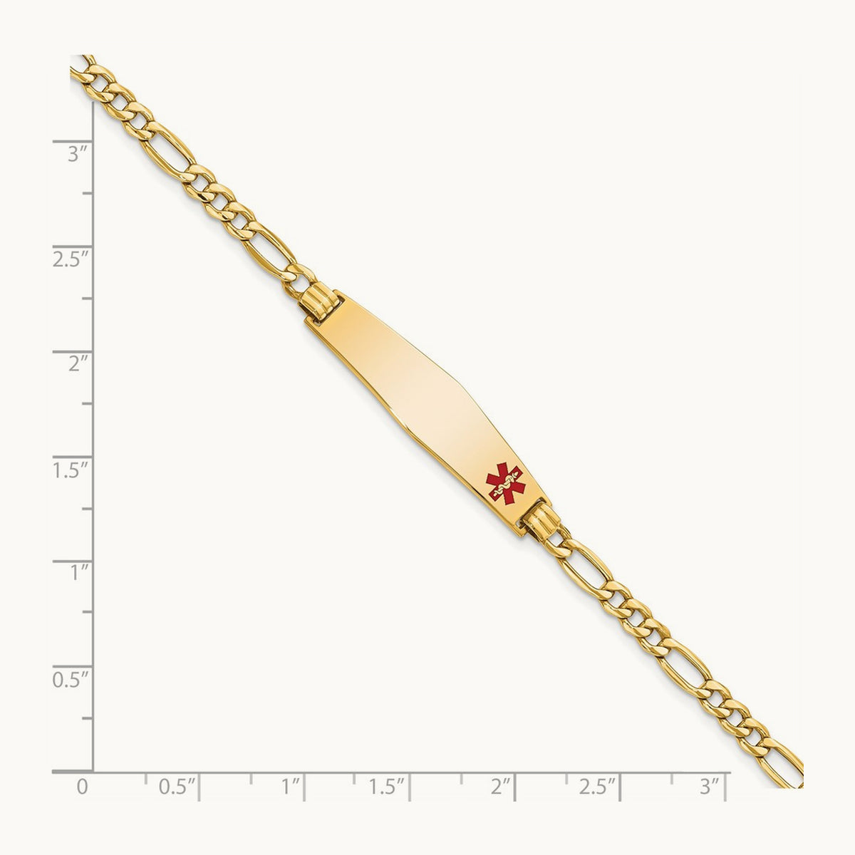 Semi-Solid Medical Soft Diamond Shape Red Enamel Figaro ID Bracelet, 14K
