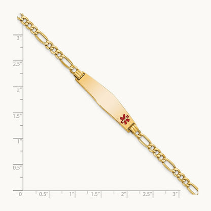 Semi-Solid Medical Soft Diamond Shape Red Enamel Figaro ID Bracelet, 14K