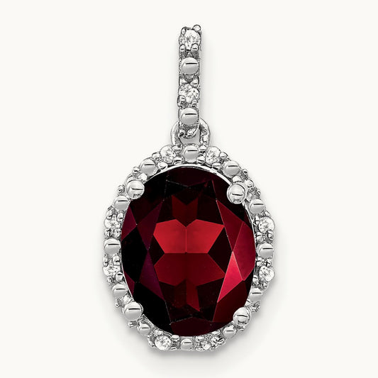 Oval Garnet and Diamond Halo Pendant, 14K White Gold