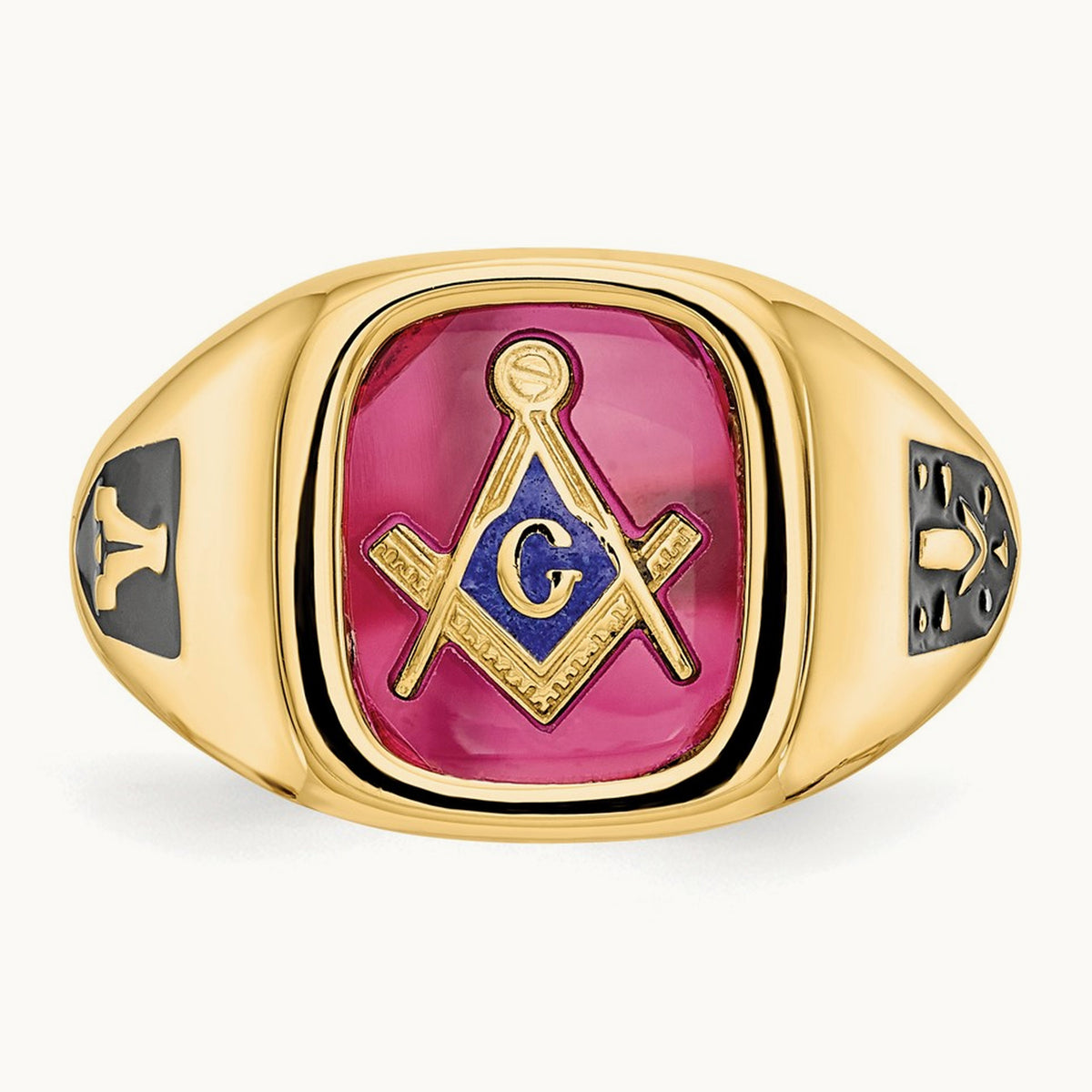 Men's Textured w/ Black Enamel & Lab Cr. Ruby Masonic Ring, 14K