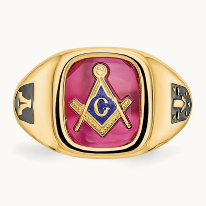 Men's Textured w/ Black Enamel & Lab Cr. Ruby Masonic Ring, 14K