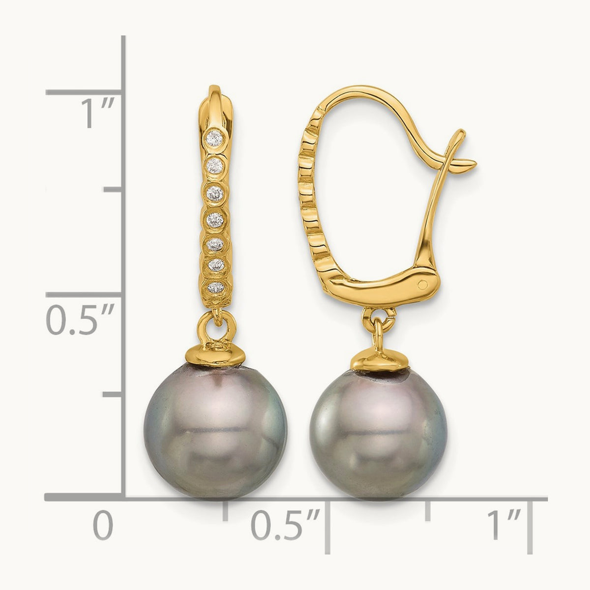 8- Round Black Tahitian Pearl and .07ct Diamond Dangle Earrings, 9mm, 14K