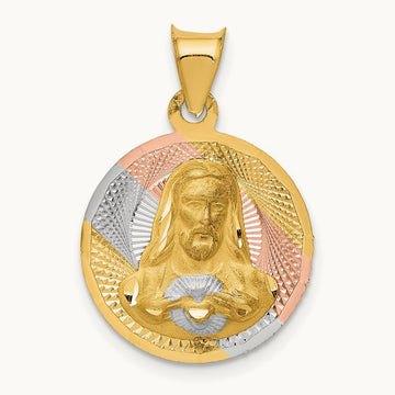 w/Rose and White Rhodium D/C Sagrado Corazon Pendant, 14K