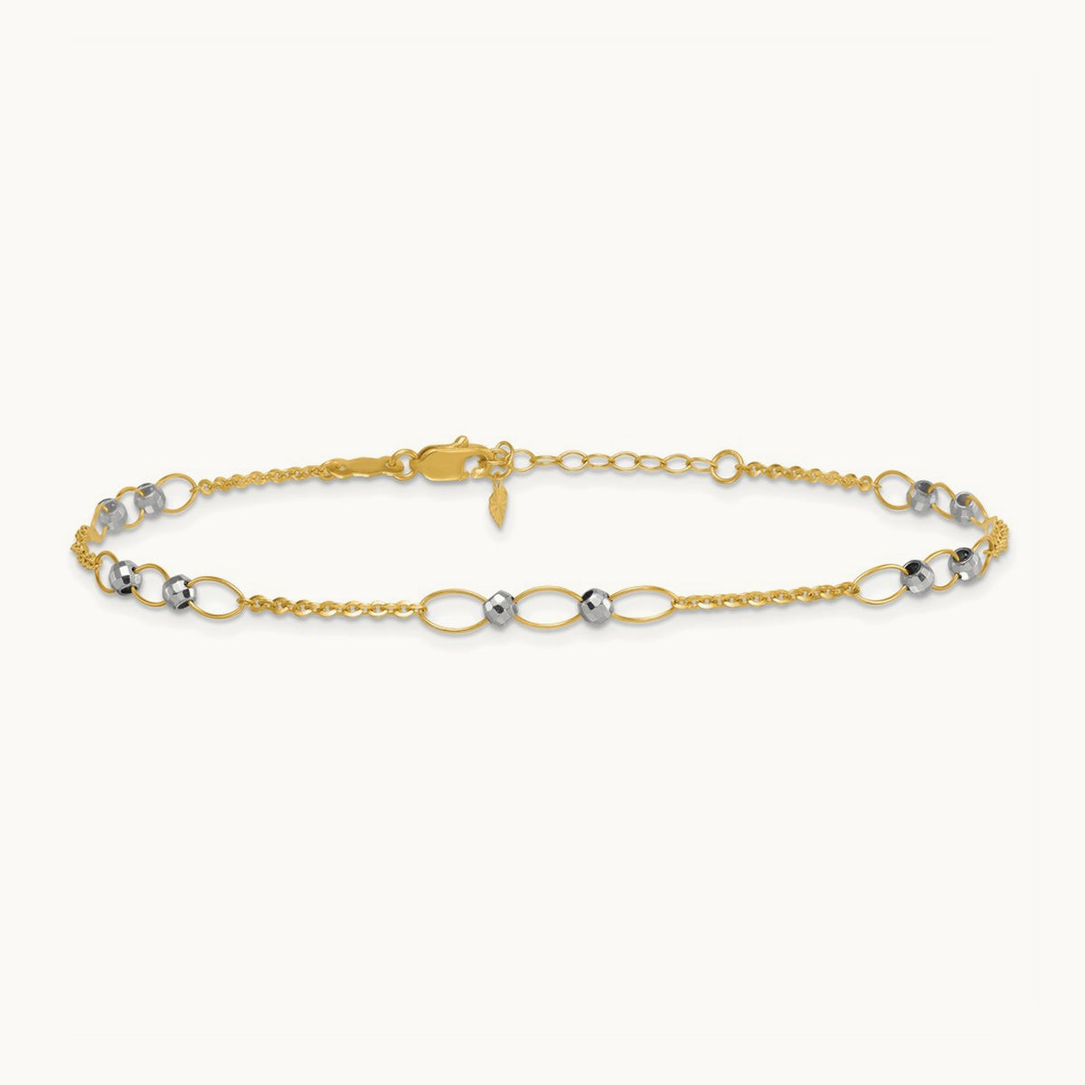 Polished Oval Link Beads 9in Plus 1in ext. Anklet, 14K Two-tone