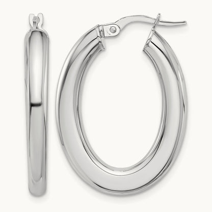 Polished Tube Oval Hoop Earrings — 14K White Gold