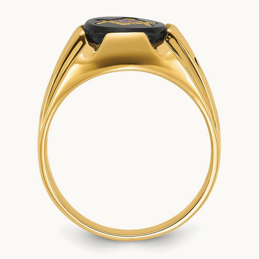 Men's Polished, Antiqued and Grooved with Oval Onyx Masonic Ring, 14K