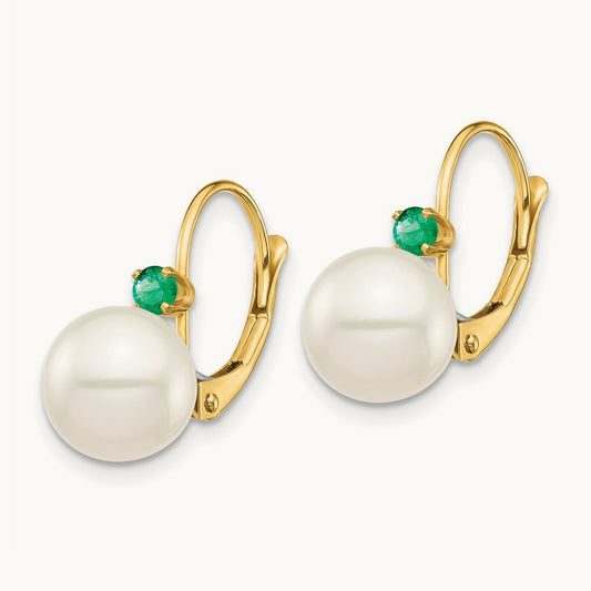 8- White Round FWC Pearl Emerald Leverback Earrings, 8.5mm, 14K