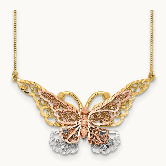 & Rose Gold w/ Rhodium Butterfly Necklace, 14K Yellow
