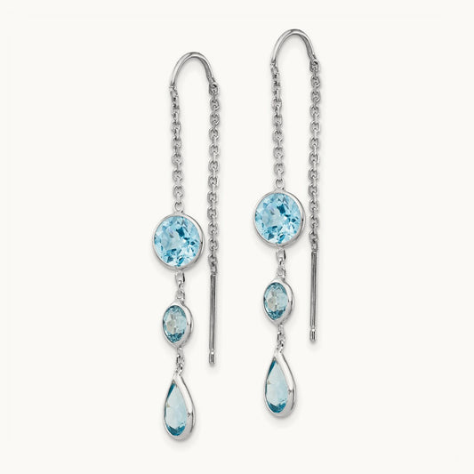 Blue Topaz Dangle U Wire Earrings, 14K White Gold