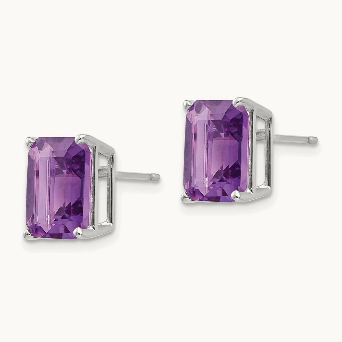 10x8 Emerald Cut Amethyst Stud Earrings, 14K White Gold
