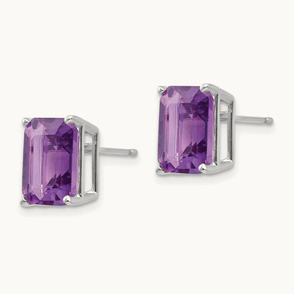10x8 Emerald Cut Amethyst Stud Earrings, 14K White Gold