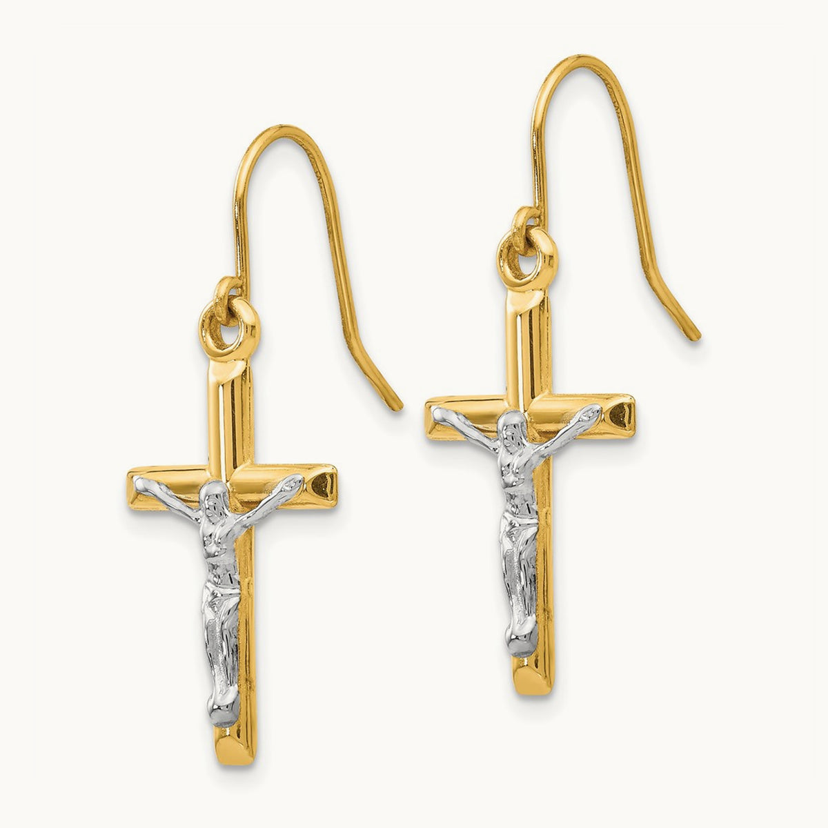 Polished Crucifix Earrings, 14K Two-tone