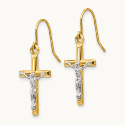 Polished Crucifix Earrings, 14K Two-tone