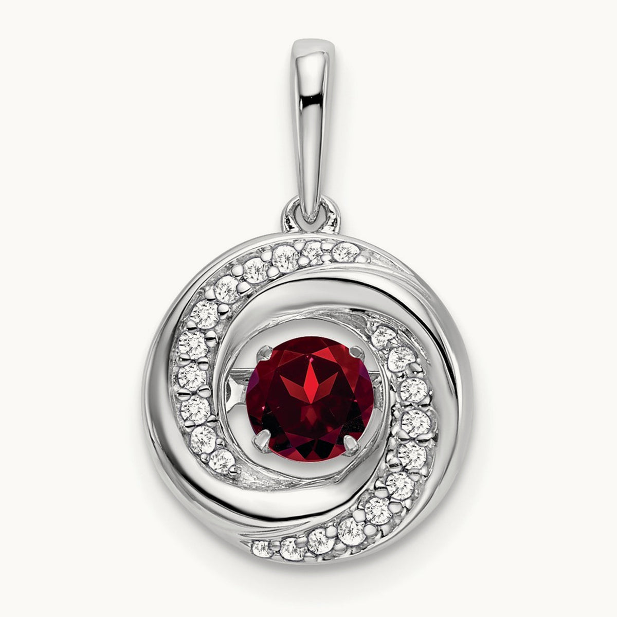 Round Garnet and Diamond Pendant — 14K White Gold