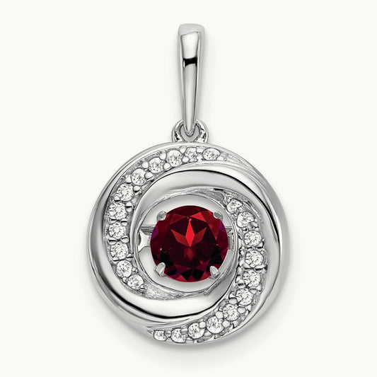 Round Garnet and Diamond Pendant — 14K White Gold