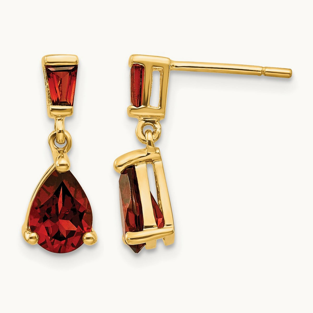 Garnet Dangle Post Earrings — 14K Yellow Gold