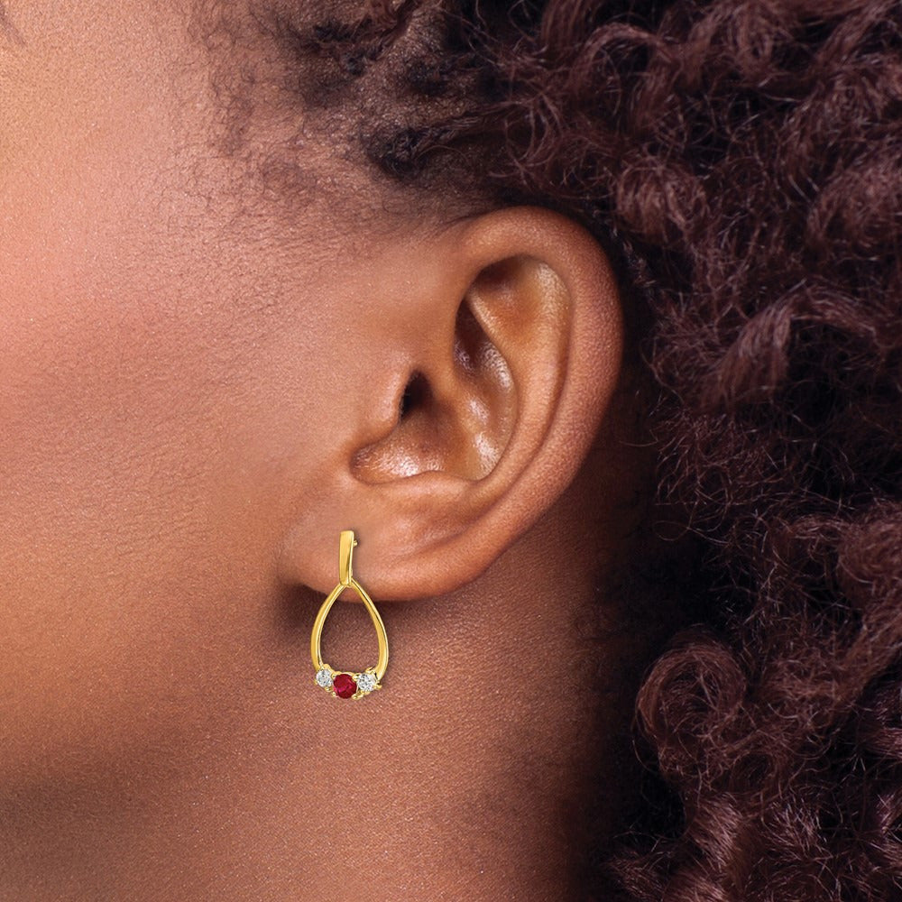 Created Ruby Dangle Teardrop Post Earrings, 0.25 ct tw Lab-Grown Diamond — 14K Yellow Gold