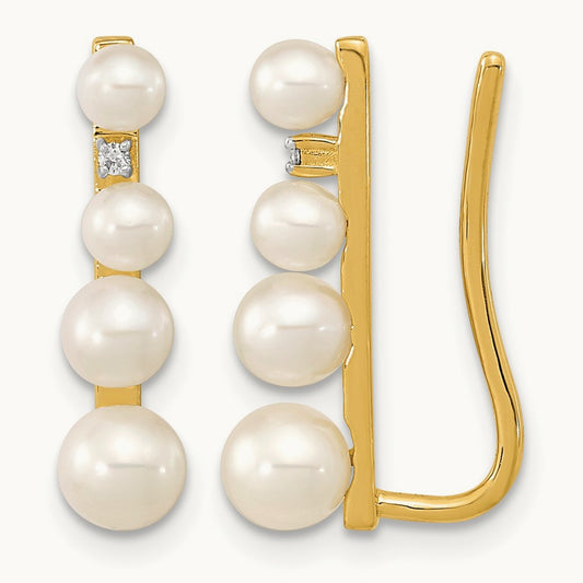 3- FW Cultured Pearl .016ct Diamond Ear Climber Earrings, 5mm, 14K