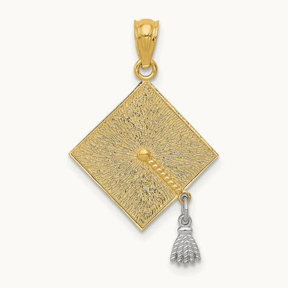 w/Rhodium 3-D Graduation Cap w/Moveable Tassel Pendant, 14K
