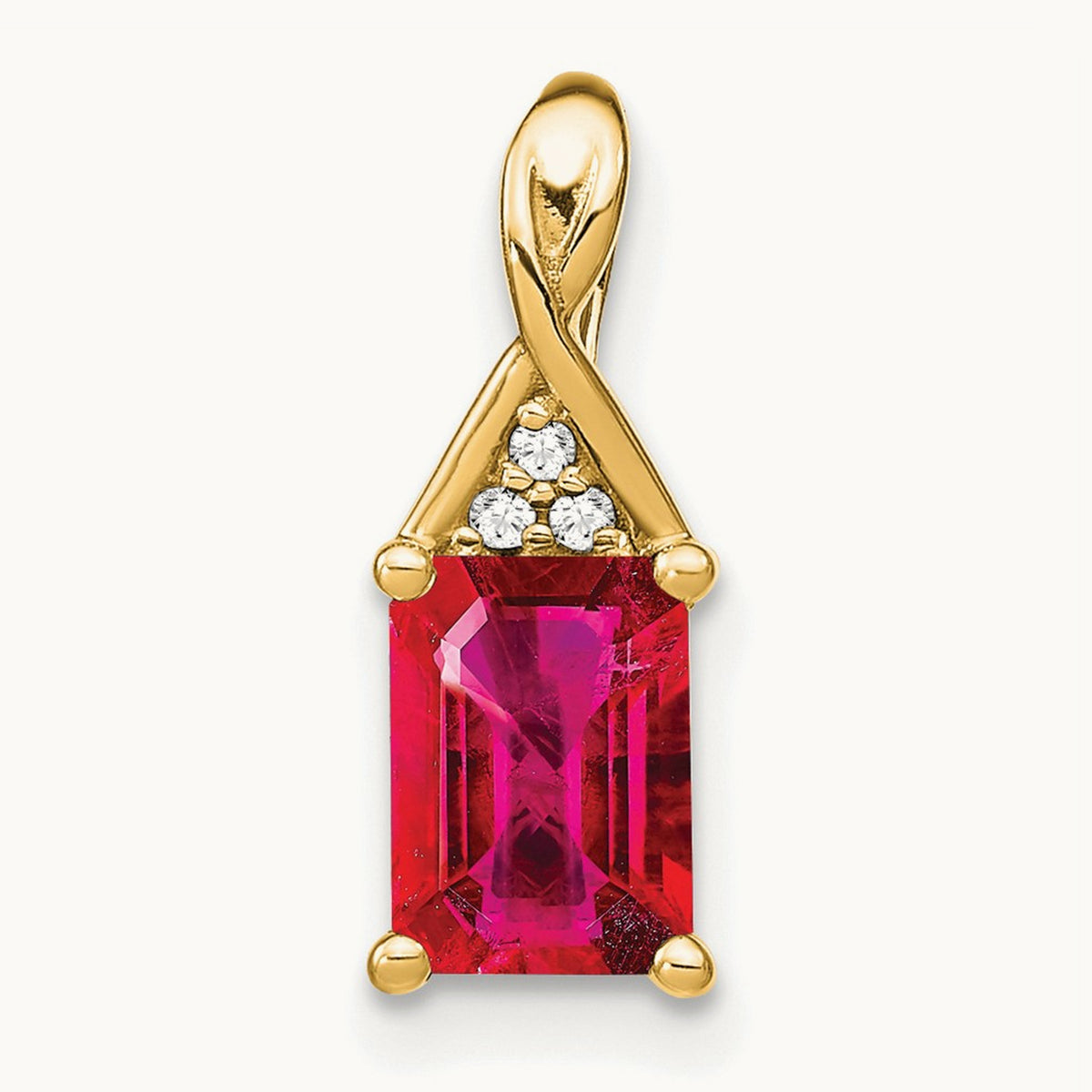 Emerald-shape Ruby and Diamond Pendant — 14K Yellow Gold, 15.75mm