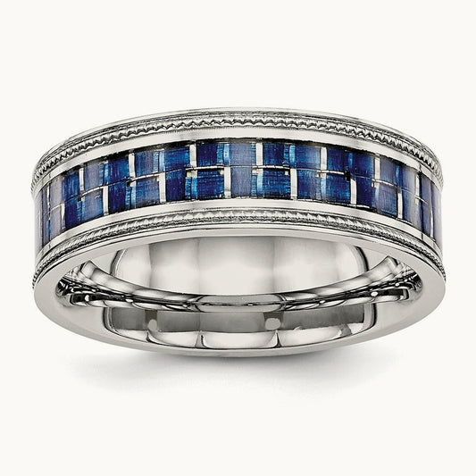Polished Blue Carbon Fiber Inlay Textured Edge Band, 8mm, Stainless Steel