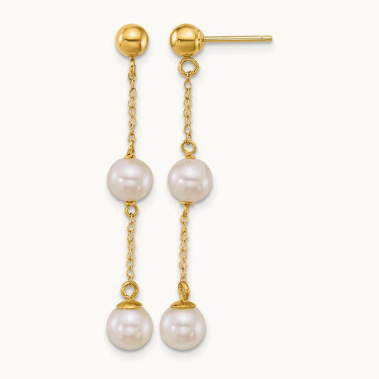 5- Rnd Wht Freshwater Cultured Pearl Post Dangle Earrings, 6mm, 14K