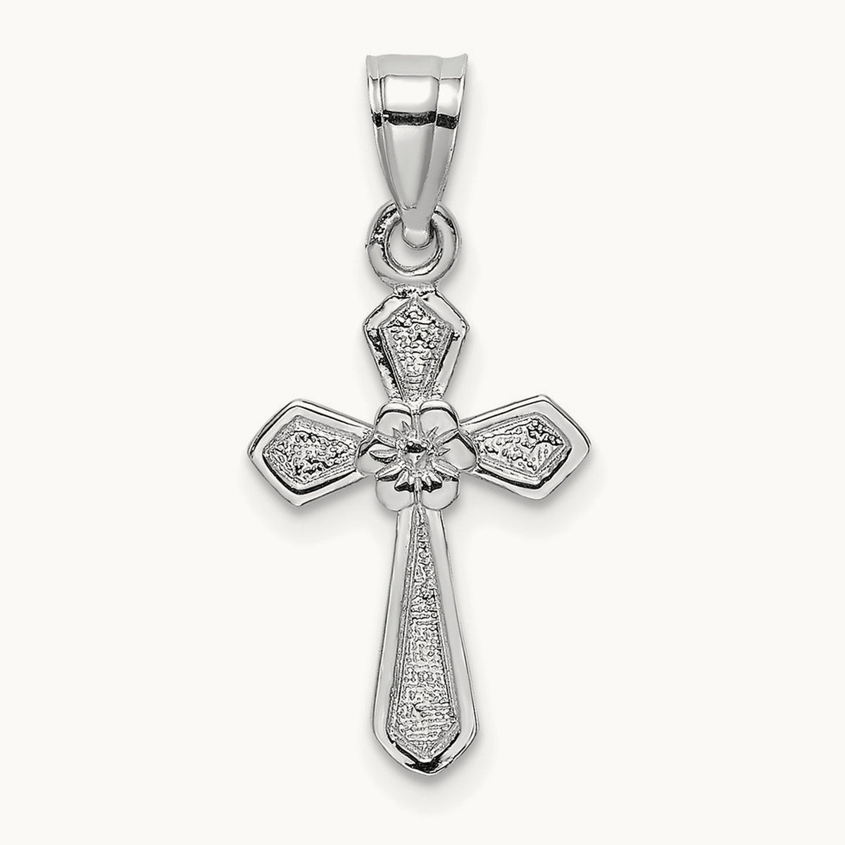 Small Cross with Flower Charm — 14K White Gold