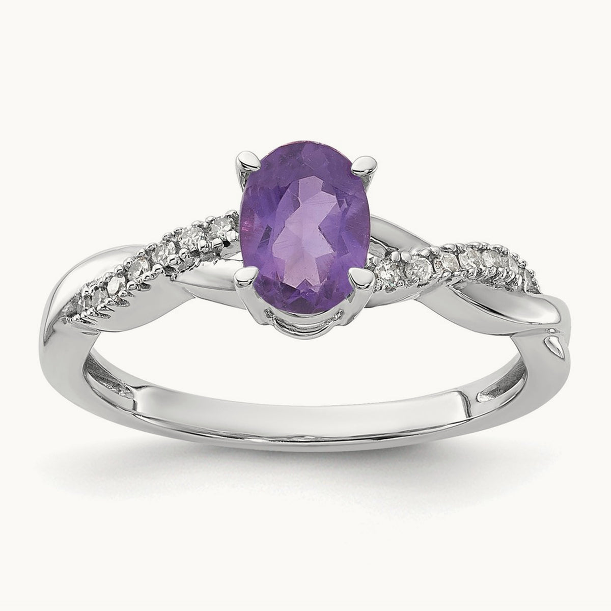 Oval Amethyst and Diamond Ring — 14K White Gold, 0.084 ct, 7