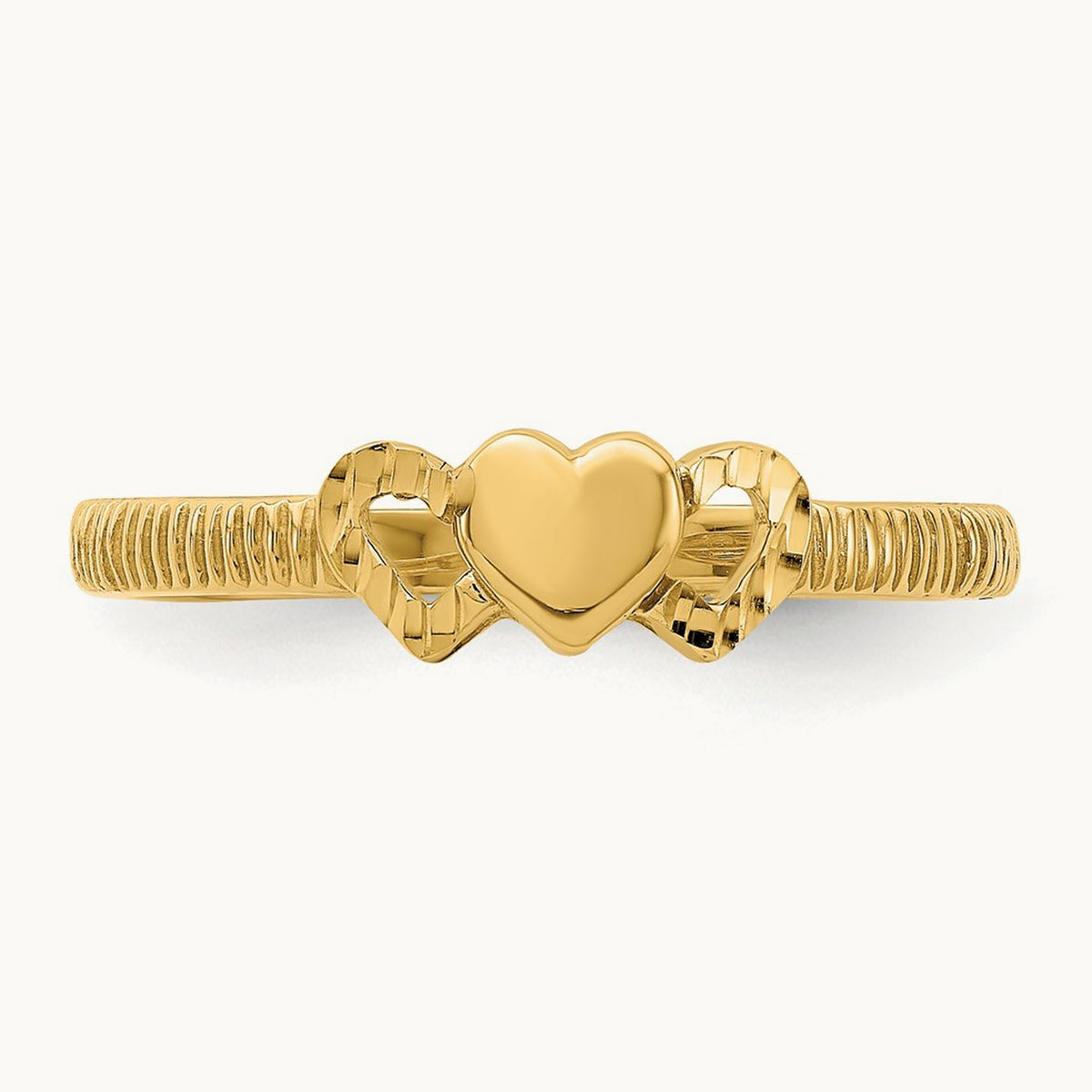 Solid Heart with Diamond-cut Hearts Ring, 14K