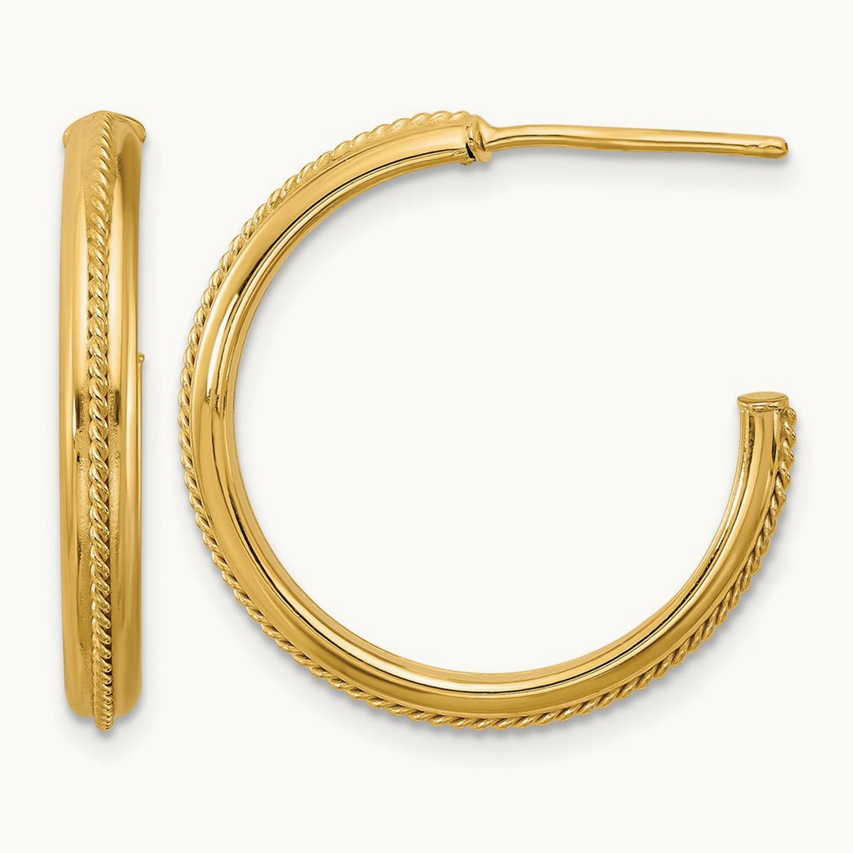 Polished and Textured Round J-Hoop Earrings — 24mm