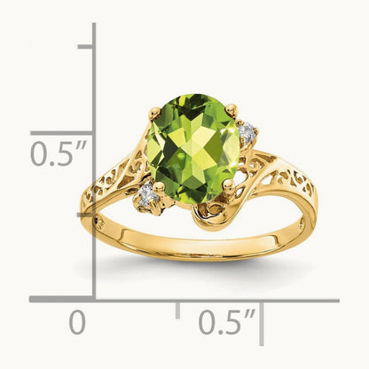 9x7mm Oval Peridot AA Diamond ring, 14K