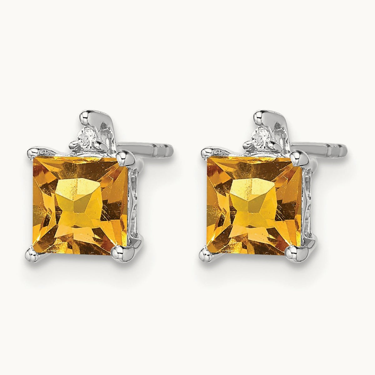 Princess Citrine and Diamond Earrings, 14K White Gold
