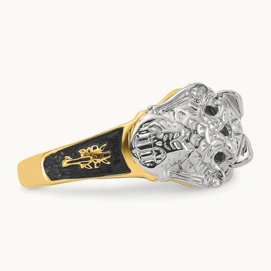 14tt Men's Textured w/ Black Enamel & Diamond Masonic Ring