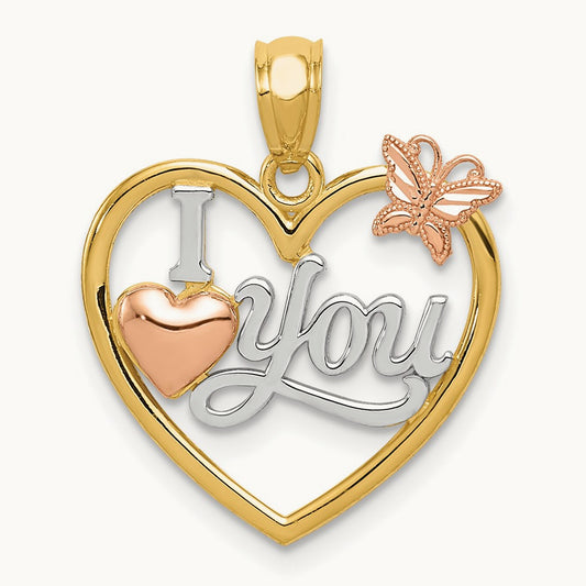 w/White Rhod I LOVE YOU Heart w/Butterfly Pendant, 14K Two-tone