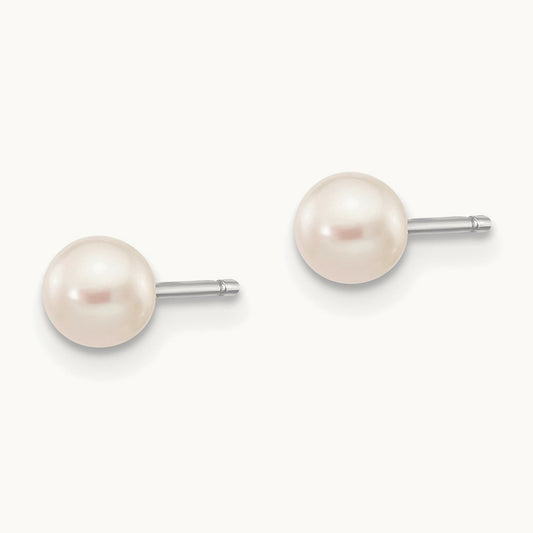 4- White Round FW Cultured Pearl Stud Post Earrings, 5mm, 14K White Gold