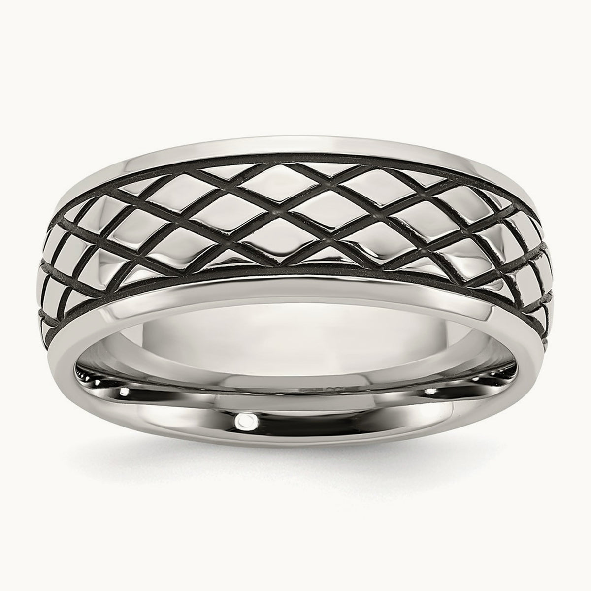 Polished and Antiqued Checkered Pattern Band, 8mm, Stainless Steel