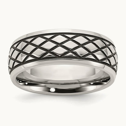 Polished and Antiqued Checkered Pattern Band, 8mm, Stainless Steel