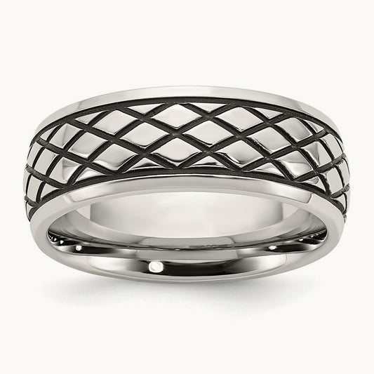 Polished and Antiqued Checkered Pattern Band, 8mm, Stainless Steel