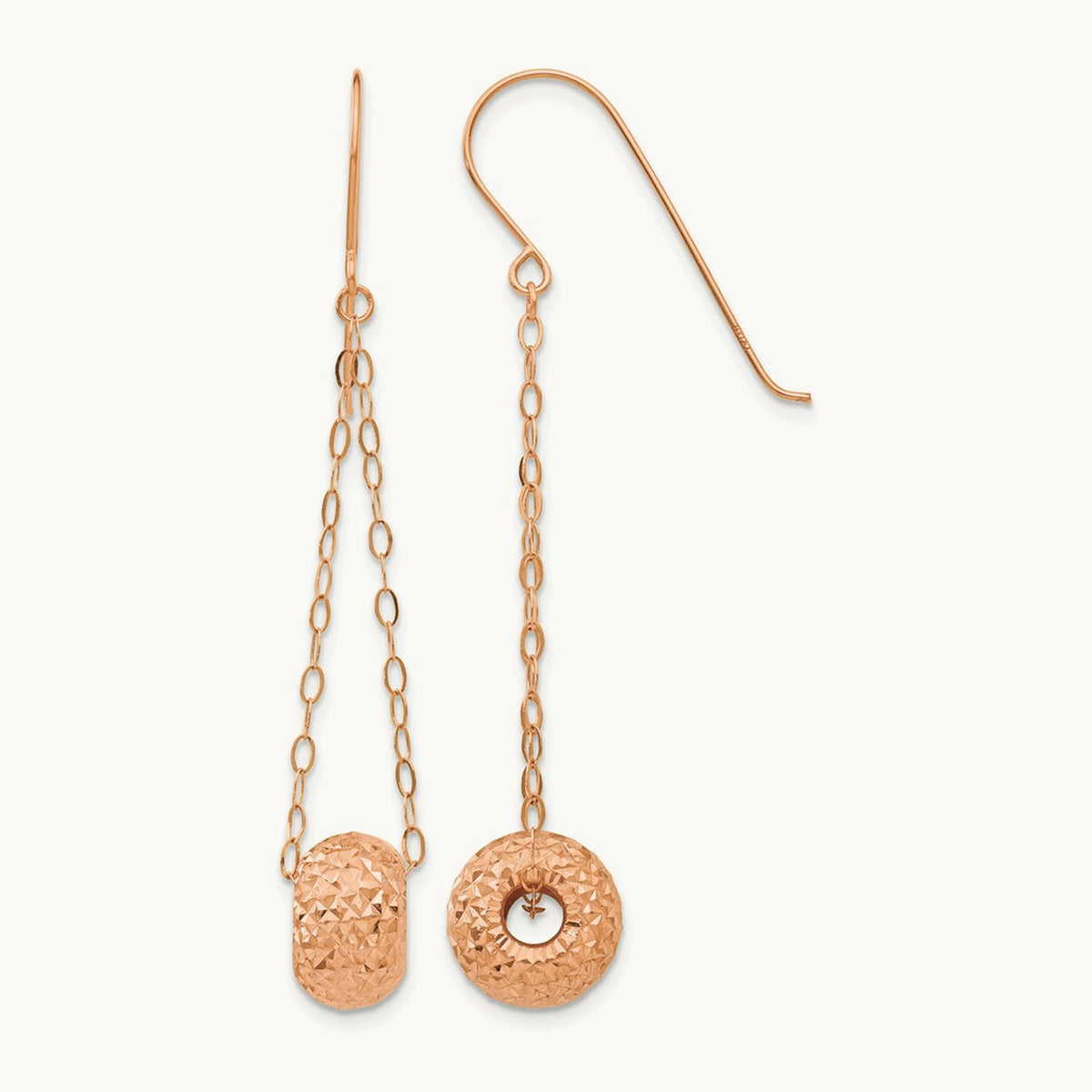 Chain with Diamond-cut Puff Donut Bead Earrings — 14K Rose Gold