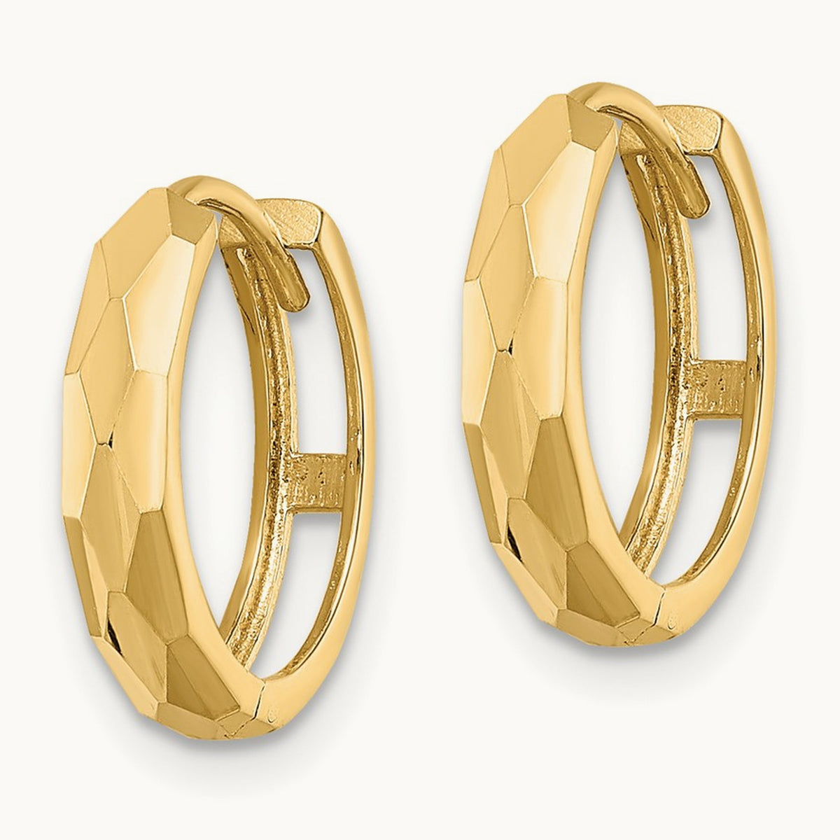 Polished Faceted Hinged Hoop Earrings — 14K Yellow Gold, 3x15mm