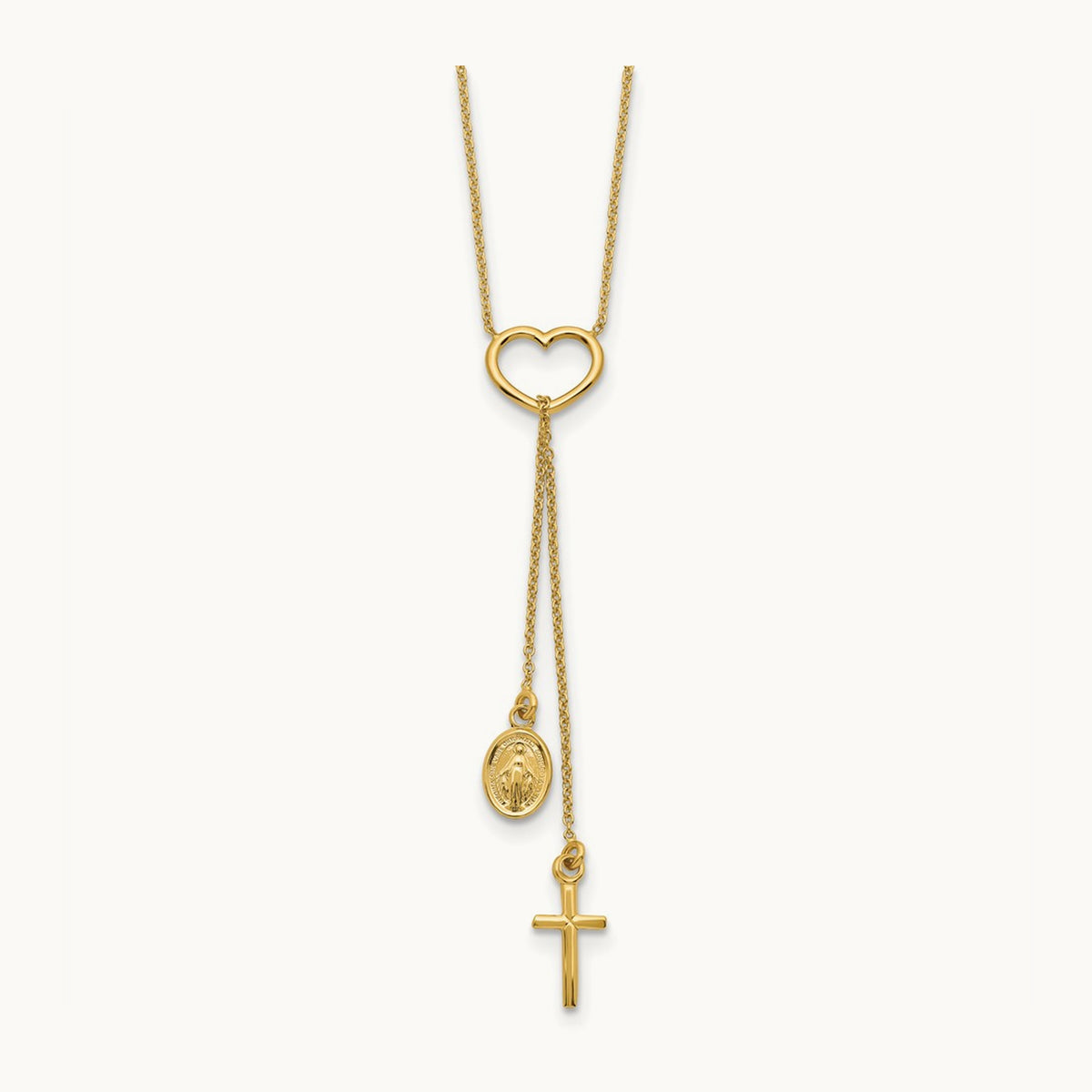 Polished Heart with Dangle Cross and Religious Medal Necklace, 14K